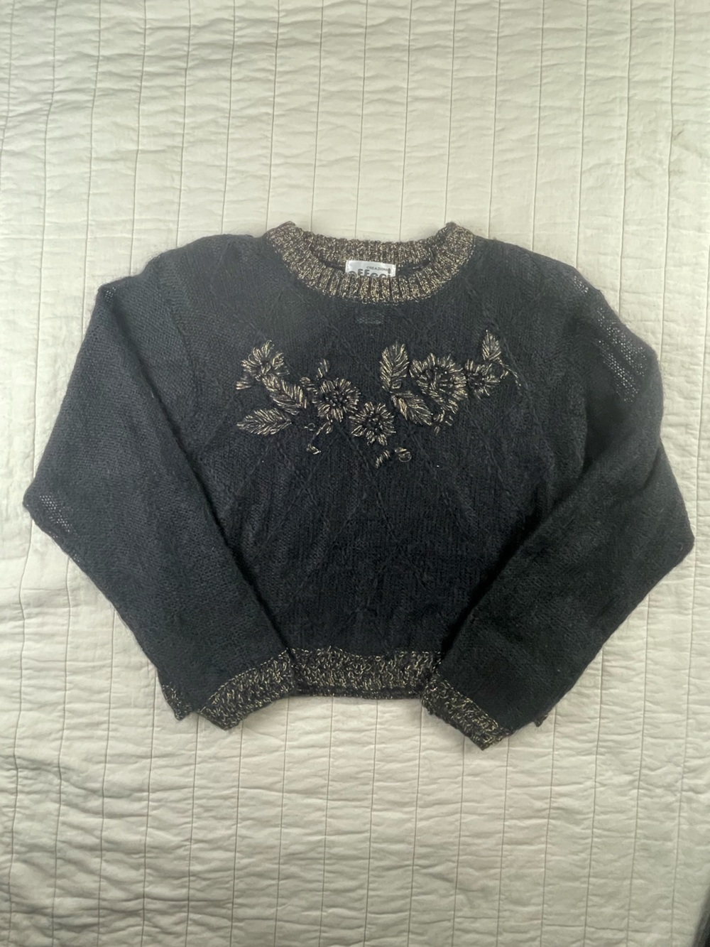 VTG Black Mohair Blend Gold Floral Embroidered Cropped Sweater Large